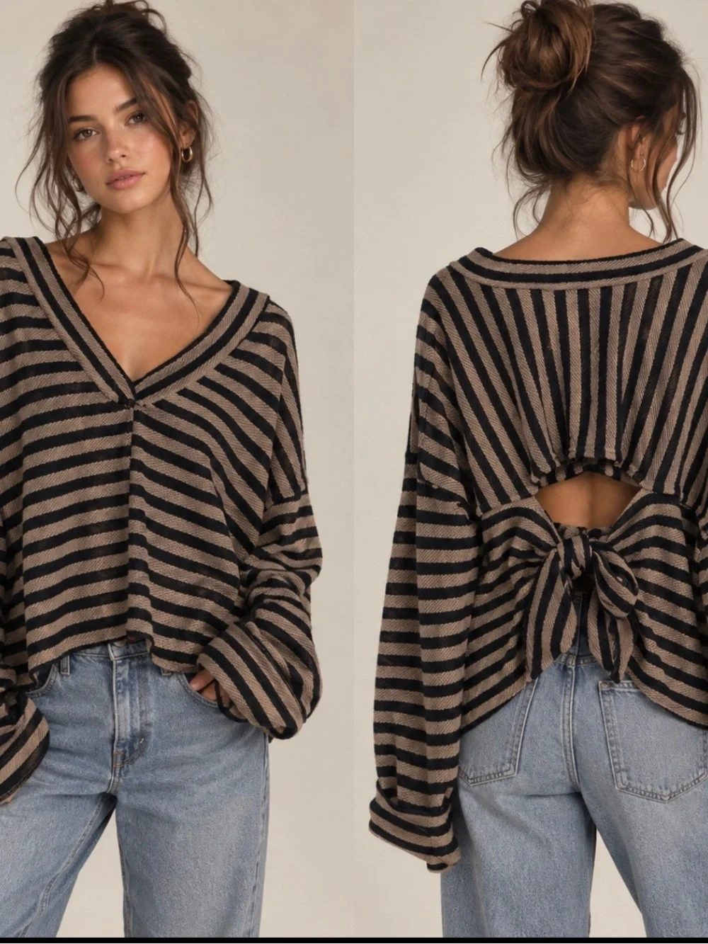 Free People Beach Sweatshirt Stripes Black Tan Open Back Tie Oversized Boho Sz L